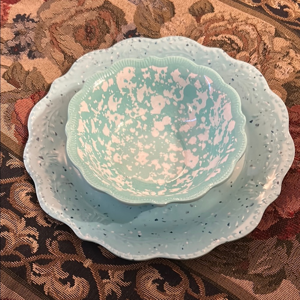 Pioneer Woman Aqua and White Speckled Melamine Plate Bowl Set